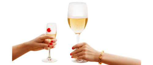 Sparkling wine glass, clinking sound, elegant lady's hand, slender fingers, red nail polish, golden bracelet, champagne color liquid, bubbles rising, ice cubes, afternoon tea party, luxurious interior