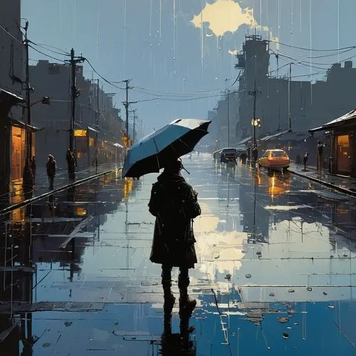 man with umbrella,rainy day,blue rain,rainfall,walking in the rain,rainy,rain,rainswept,heavy rain,light rain,rains,after rain,rainy season,brolly,little girl with umbrella,world digital painting,rained,monsoon,raincoat,vettriano,Conceptual Art,Sci-Fi,Sci-Fi 01