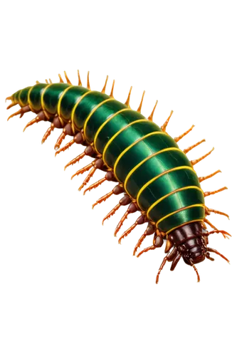 Centipede, many legs, segmented body, shiny exoskeleton, brown-green color, curled up, resting on leaf, detailed texture, realistic, macro photography, soft natural light, 3/4 composition, warm color 