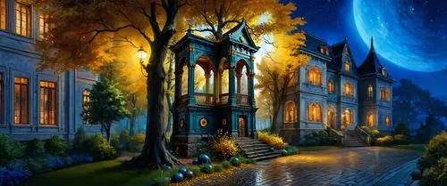 fantasy picture,fantasy art,night scene,fantasy landscape,moonlit night,dreamhouse