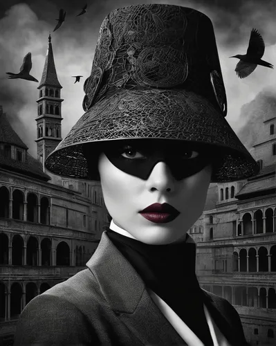 the carnival of venice,black hat,the hat of the woman,film noir,the hat-female,gothic woman,masquerade,femme fatale,secret agent,blindfold,gothic portrait,gothic fashion,masque,womans hat,venetian mask,inspector,photomontage,bram stoker,dark gothic mood,woman's hat,Photography,Black and white photography,Black and White Photography 07