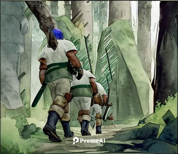 dark green. old forest. Rear of marching soldiers.Watercolor rendering of a medieval fantasy soldiers marching in a dark forest into a shadowy surface on a large boulder. The soldier entering the boul