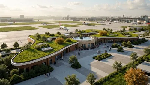 Vibrant airport terminal, lush green roofs, living walls, natural ventilation systems, solar panels, wind turbines, rainwater harvesting systems, organic curves, sustainable materials, recycled wood a