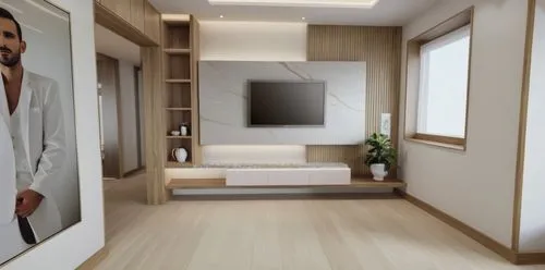 ultra luxurious modern tv room wall unit with marble finish back and wooden shelves and white melamine drawers ,a large picture of a man in white is displayed in the hallway,walk-in closet,modern room