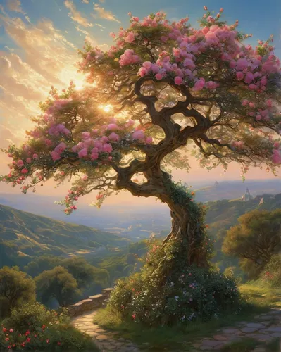 blossom tree,blossoming apple tree,flourishing tree,flower tree,cherry blossom tree,sakura tree,flowering tree,lilac tree,blooming tree,magnolia tree,rowan-tree,meadow in pastel,peach tree,landscape background,springtime background,apple tree,tree blossoms,flowering trees,magnolia,blooming trees,Conceptual Art,Fantasy,Fantasy 05