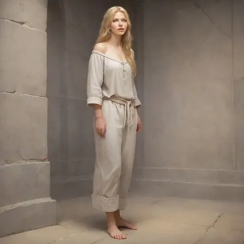 jumpsuit,blue jasmine,pilate,linen,barefoot,tilda,vanity fair,pale,angelic,pantsuit,menswear for women,greer the angel,nightwear,stone angel,weeping angel,sackcloth,garment,women's clothing,aphrodite,neutral color,Photography,Cinematic