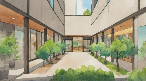 Residential building  with retail and trees arcade,omotesando,azabu,renderings,skyways,horinouchi,sketchup,lofts,store fronts,atriums,breezeway,courtyards,an apartment,wenxian,streetscape,penthouses,u