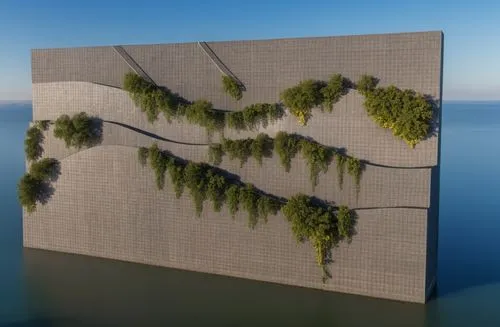 3d image of a street and building with vines on the wall,water wall,floodwalls,relief map,compound wall,japanese zen garden,concrete construction,Photography,General,Realistic