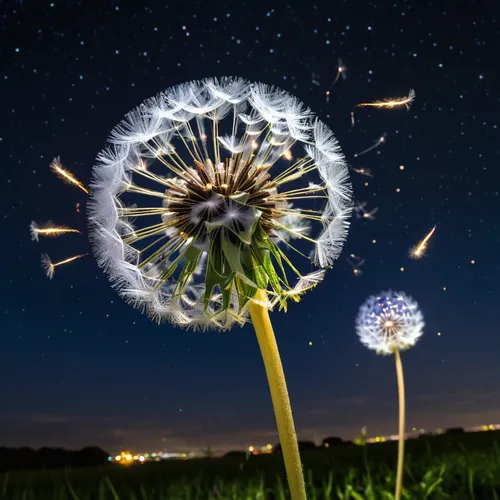 A dandelion's seeds scatter like fireworks, each one a burst of light against the night sky,dandelion background,dandelion flying,flying dandelions,dandelion seeds,dandelion flower,taraxacum,dandelion