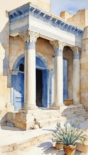 palace of knossos,masseria,celsus library,knossos,erechtheus,greek temple,knidos,erechtheion,laodicea,akrotiri,qasr al watan,qasr azraq,qasr al kharrana,agrigento,noto,leptis,amphipolis,cape greco,chersonesos,qasr amra,Illustration,Paper based,Paper Based 23