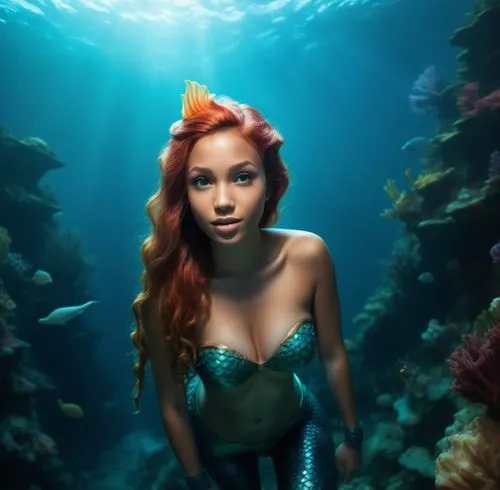 Diseño realista sobre una sirena en un ambiente marino con colores cálidos y fríos.,a beautiful redhead haired woman posing for a po,underwater background,mermaid background,underwater,under the water