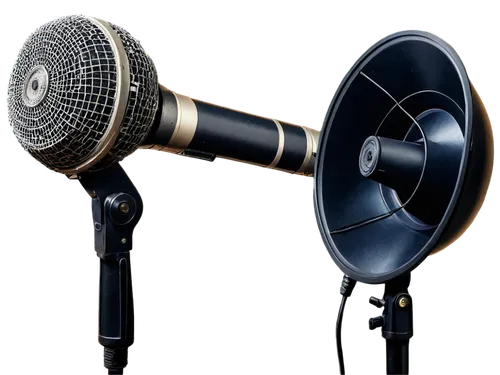 Dynamic microphone, old-fashioned radio, vintage speaker, worn-out vinyl records, crackling sounds, hissing noise, retro film camera, 35mm reel, dusty projector, flickering light, cinematic ambiance, 