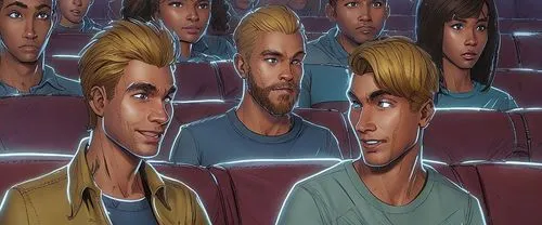 Two college students in a brightly lit auditorium in a marvel comics style, by J Scott Campbell ,clones,vector people,animated cartoon,cartoon people,audience,avatars,the fan's background,anime 3d,thu