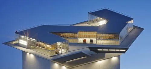 rehabilitation center with curtain wall and the light colour on the top,snohetta,cubic house,cube house,morphosis,modern architecture,bjarke,hejduk,cantilevered,cantilevers,koolhaas,observation tower,