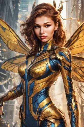 Hyper-realistic close-up of a model with avant-garde makeup, vibrant colors, and intricate designs.,a young woman in a gold and blue costume is standing,zauriel,archangel,superwasp,hawkgirl,margairaz,