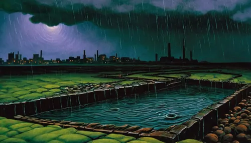 thunderstorm,underground lake,rainstorm,post-apocalyptic landscape,floods,storm drain,futuristic landscape,industrial landscape,ny sewer,monsoon,acid lake,night scene,wastewater,oil painting on canvas,oil on canvas,heavy rain,flooded pathway,the pollution,rain water,rainwater,Art,Artistic Painting,Artistic Painting 31