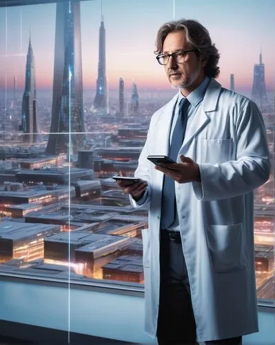 Future laboratory, modern cognitive architecture, futuristic instructional design, 20 years later, professor, researcher, scientist, middle-aged man, glasses, brown hair, lab coat, white shirt, formal