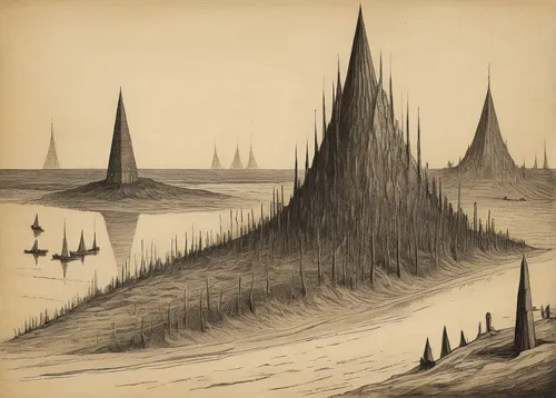 radio masts,masts,sailing boats,minarets,futuristic landscape,sailboats,continental shelf,pyramids,ghost forest,pylons,metropolis,post-apocalyptic landscape,chimneys,barren,dune landscape,ancient city,dune sea,turrets,ship traffic jams,power towers,Illustration,Black and White,Black and White 23