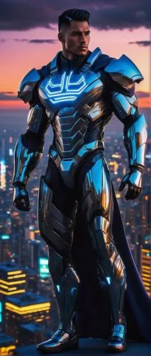 Cyberpunk cityscape, neon lights reflecting off skyscrapers, futuristic ai superhero, male, muscular, robotic limbs, glowing blue circuits, metallic silver and chrome armor, cape flowing in the wind, 