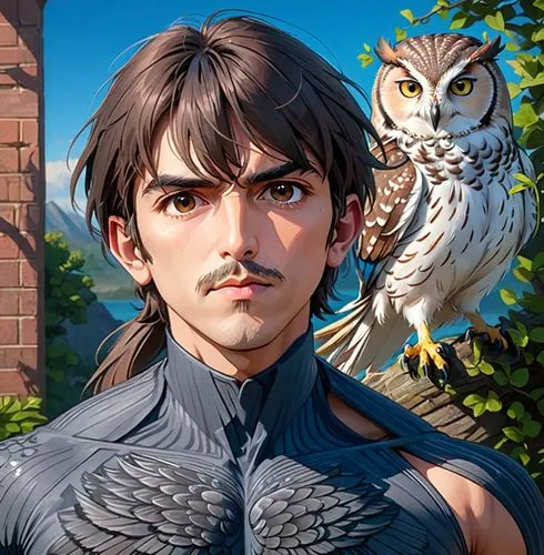 Pony tail, young george harrison, thicker muscular body, pet owl on right shoulder,man wearing leather clothes holding an owl near a brick wall,riario,ghazan,seregil,bran,inigo,taltos,Anime,Anime,Gene