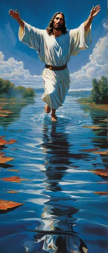 walk on water,baptism,baptism of christ,leap for joy,floating over lake,the man floating around,son of god,resurrection,the man in the water,jesus christ and the cross,ascension,jordan river,holy spirit,jesus figure,praise,leap of faith,jesus child,jesus,jesus on the cross,rejoicing,Conceptual Art,Fantasy,Fantasy 20