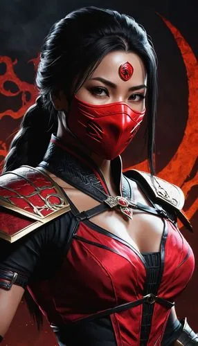 long shot character Mai_Shiranu as Mortal Kombat character , ultra-detailed, perfect features, full body, whole body, dramatic, cinematic lighting, accent lighting, 
,kitana,kombat,mileena,elektra,red