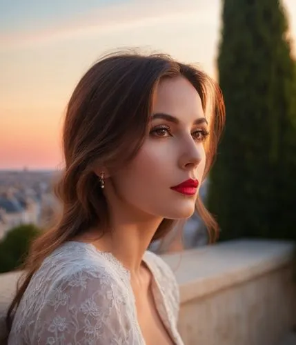 the image depicts a woman with long brown hair, deep-set brown eyes, and fiery red lips as she gazes up at the sky, lost in thought. The sky is painted in colors of white and pink, as the sun slowly r