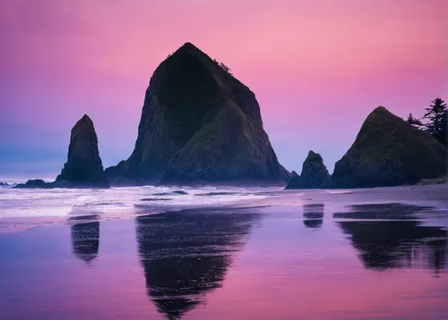 Dusk Photo of Cannon Beach, One of the Top Oregon Coast Attractions,ruby beach,oregon,purple landscape,united states national park,pacific coastline,rock needle,pink dawn,sea stack,pink beach,beautifu