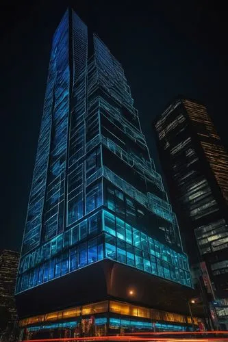 Futuristic skyscraper, modern architecture, sleek lines, angular shapes, LED lights, neon accents, reflective glass, steel beams, complex structure, urban cityscape, night scene, dramatic lighting, lo