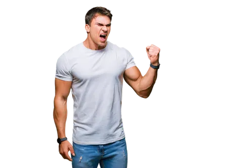 Young adult, male, screaming, open mouth, sharp teeth, messy brown hair, sweaty forehead, red face, veins bulging, muscular arms, clenched fists, ripped white shirt, torn blue jeans, standing, dynamic