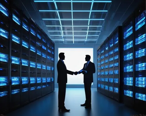 SharePoint server architecture, futuristic data center, rows of tall racks, blinking lights, complex network cables, servers with glowing blue LEDs, air conditioning units humming in the background, d