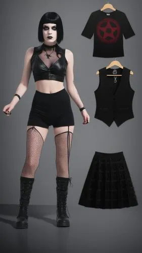 Paper doll 2d cartoon goth girl in black sleeveless shirt , black spandex shorts, complete full length fishnet and black goth knee Boots, standing surrounded by with a set of goth fashion clothing, sh