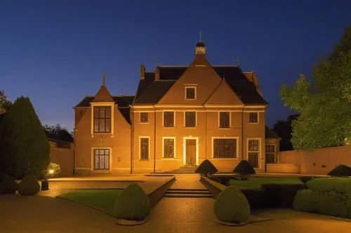 glass bricks tiles garden trees people castle landscape summer sunlight spotlight night view,rijksmonument,frisian house,kasteel,nieuwenhuizen,felderhof,house silhouette,at night,huizen,bendemeer esta