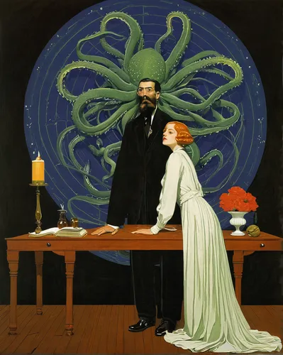 dutchman's pipe,absinthe,the ball,theoretician physician,vincent van gough,art dealer,art nouveau,polyp,psychoanalysis,nautilus,courtship,cephalopod,orrery,rasputin,examining,still life with onions,magician,romanescu,cephalopods,apothecary,Illustration,Retro,Retro 15