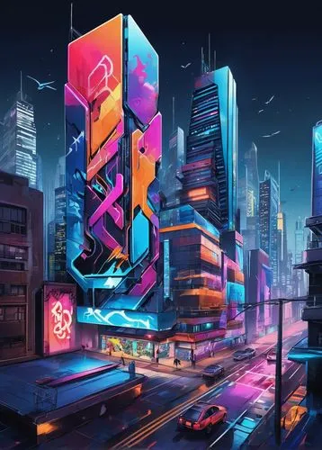 cybercity,colorful city,cybertown,cityscape,synth,neon arrows,cyberport,microdistrict,80's design,hypermodern,cityzen,cyberia,futuristic landscape,cyberscene,fantasy city,cyberpunk,metropolis,city blocks,nima,urban,Conceptual Art,Graffiti Art,Graffiti Art 09