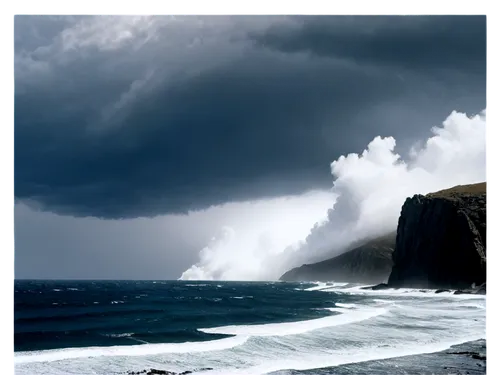 Turbulent sea, massive stormy waves, dark blue ocean, lightning in background, powerful wind blowing, rugged rocks on shore, dramatic clouds, misty atmosphere, 3/4 composition, high contrast lighting,