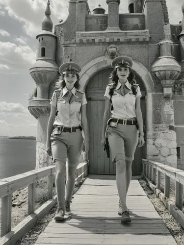 The female soldiers walk side by side and appear relaxed, despite being in a military environment. They exchange warm smiles, showing their close friendship and deep bond. One of them has a hand gentl