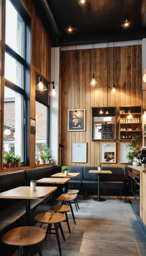 Photo realism kodak. The interior of a small but cozy modern cafe. Lots of light. Ecological style, a lot of designer furniture. Wooden panels, mirror, ceramics. Black accents. Scandi style



,the co