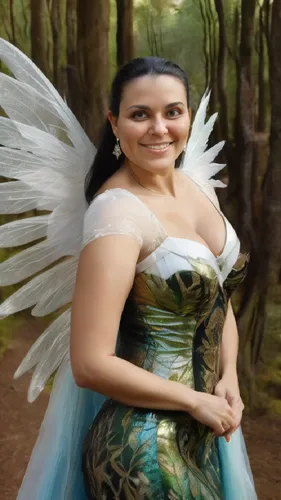 A 50 Years Old woman, Extremely Beautiful Woman, Perfect Voluptuous Body, In Fairy Dress, Big shiny wings, In A Magical Forest, Smiling At The Camera, Very Long Black Straight Hair Ultra Detailed,,a w