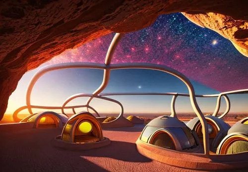 martian surface, futuristic houses and streets in glass tunnels, dust sky, olympus mons in background,futuristic landscape,futuristic architecture,alien world,sky space concept,timna park,futuristic a