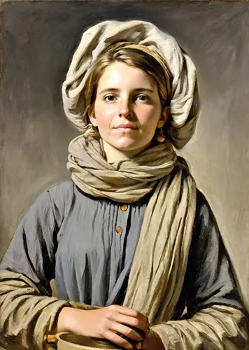 A picturesque portrait of a young blond peasant woman in the painting style of Diego Velazquez. The woman has a white flowing scarf on her head. In her hands she holds a small amphora with wine. The b