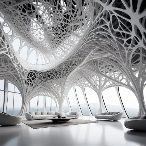 Based on the image prompts, generate an interior view. Futuristic organic architecture, intricate lattice
 structures, fluid and dynamic forms, generative design, biomimicry. Avoid spider web looks,a 