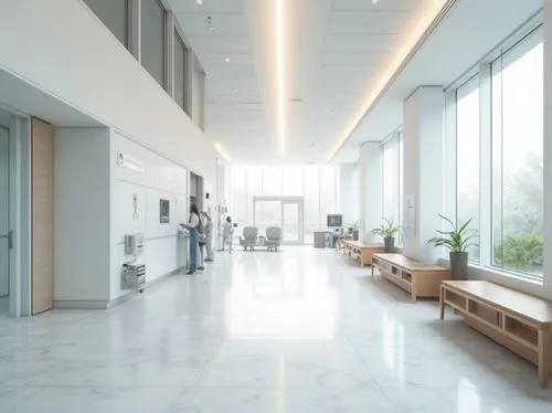 Modern hospital interior, minimalistic style, clean white walls, polished marble floors, simple wooden benches, sparse decorations, plenty of natural light, large windows, calm atmosphere, few people,