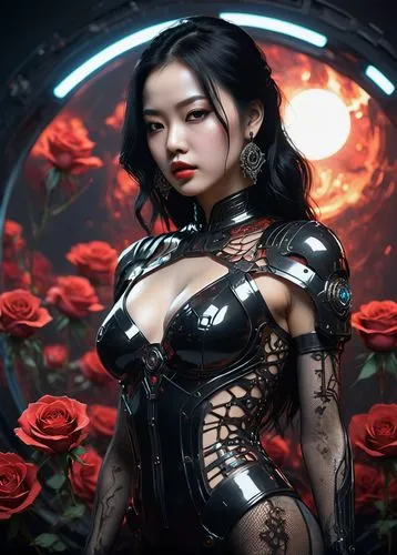 neo-burlesque,katana,rosa ' amber cover,black rose hip,black rose,red rose,widow flower,rosa,fantasy portrait,rose png,red roses,fantasy picture,fantasy woman,flower of passion,way of the roses,fantasy art,female warrior,rose bloom,mulan,3d fantasy,Photography,General,Sci-Fi