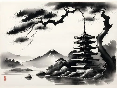 chinese scenery is painted by the water,mengzi,japanese art,cool woodblock images,taoist,qingcheng,yiping,Illustration,Paper based,Paper Based 30