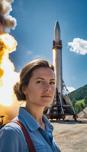 a woman standing outside while looking at the camera,arianespace,rocketsports,spacex,roscosmos,baikonur,soyuz rocket,Photography,General,Realistic