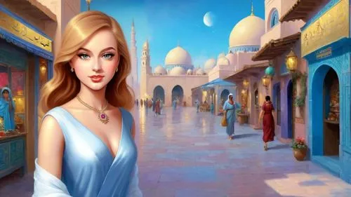 Romantic masterpiece oil painting, cute girl portrait, nostalgic 1950's style kitsch, breathtaking beautiful landscape, majestic scenery, Middle Eastern bazaar, Arabian marketplace, highly detailed, h