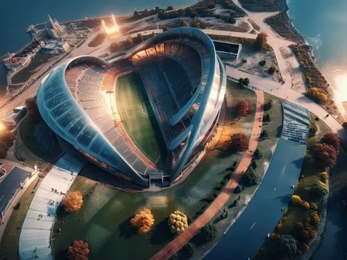 stadium ,aerial pograph of a football stadium on a green field,futuristic architecture,morphosis,futuristic art museum,bjarke,futuristic landscape,arcology,Photography,General,Fantasy