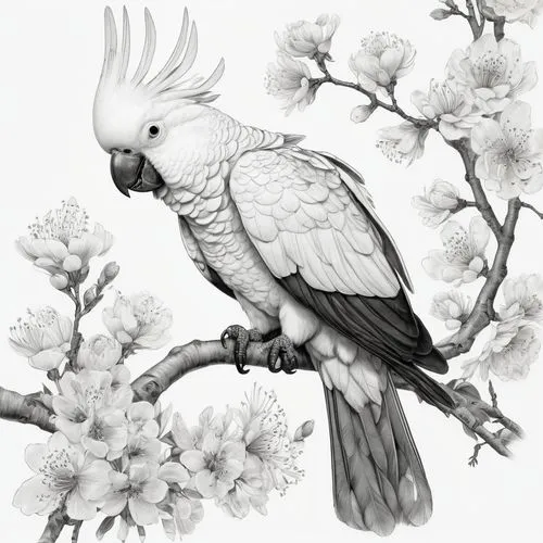 flower and bird illustration,ornamental bird,an ornamental bird,bird illustration,parakeet,confuciusornis,Illustration,Black and White,Black and White 30