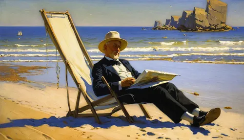 man at the sea,man with a computer,blonde woman reading a newspaper,italian painter,breton,lev lagorio,deckchair,basset artésien normand,beach landscape,hans christian andersen,painting technique,dali,beach chair,vintage art,advertising figure,vincent van gough,man with umbrella,el salvador dali,picasso,george paris,Illustration,Realistic Fantasy,Realistic Fantasy 28